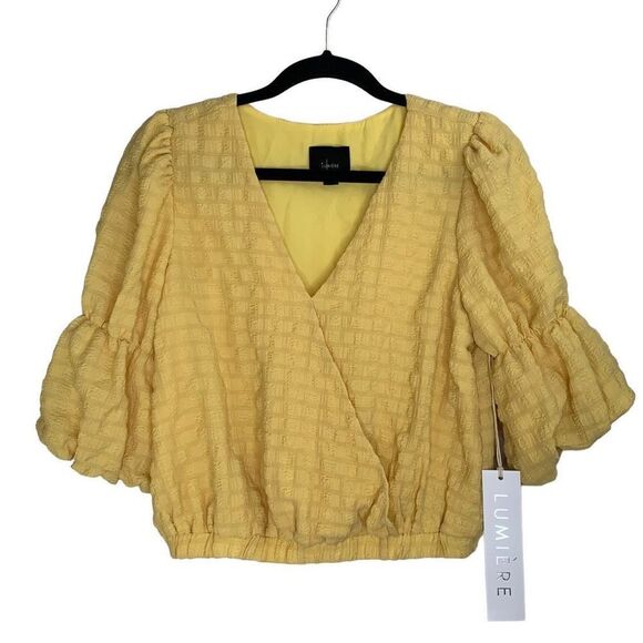 Urban Outfitters Lumiere Yellow Cropped Bell Sleeve Wrap Front Top Size S - Picture 1 of 9